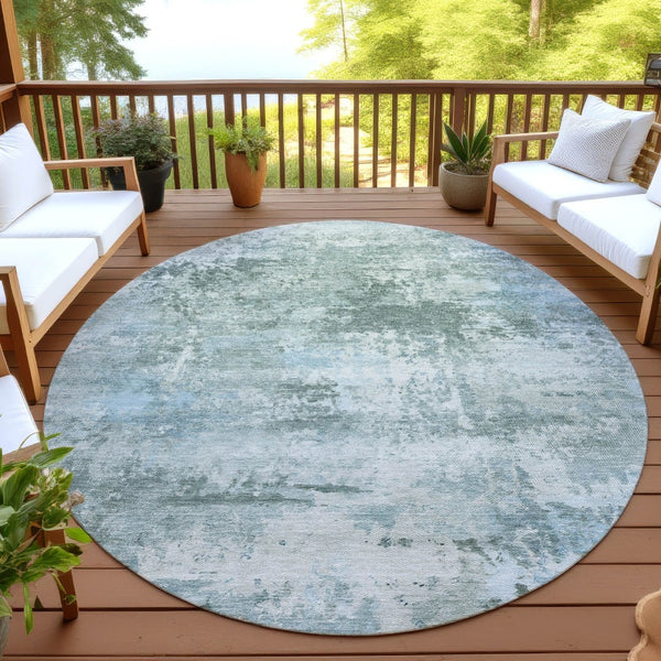 HomeRoots 8' Round Sage and Ivory Abstract Area Rug - Washable, Durable, Modern Design for Indoor/Outdoor Use 689295