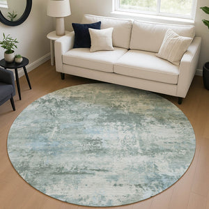 HomeRoots 8' Round Sage and Ivory Abstract Area Rug - Washable, Durable, Modern Design for Indoor/Outdoor Use 689295