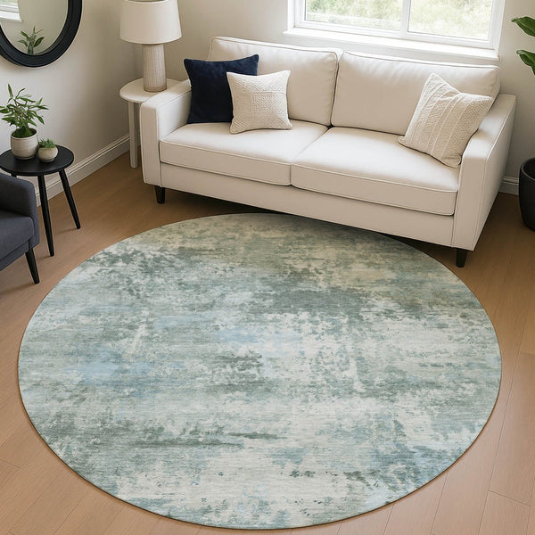 HomeRoots 8' Round Sage and Ivory Abstract Area Rug - Washable, Durable, Modern Design for Indoor/Outdoor Use 689295