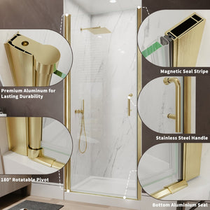 English Elm 32-34 in Frameless Pivot Shower Door Clear Glass Brushed Gold Reversible Bathroom W637P400607