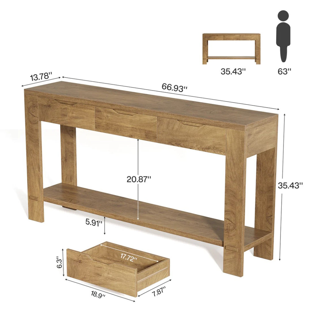 English Elm Authentic Oak Veneer Console Table with Three Drawers and Open Shelf for Entryway T3971P464190