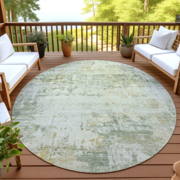 HomeRoots 8' Artichoke Green and Ivory Round Abstract Rug - Stylish, Washable, Durable for Indoor & Outdoor Use 689307