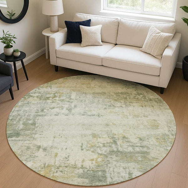 HomeRoots 8' Artichoke Green and Ivory Round Abstract Rug - Stylish, Washable, Durable for Indoor & Outdoor Use 689307