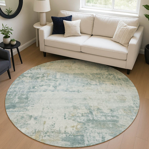 HomeRoots 8' Aqua Round Abstract Rug - Stylish, Washable Indoor/Outdoor Area Rug for High-Traffic Spaces 689313