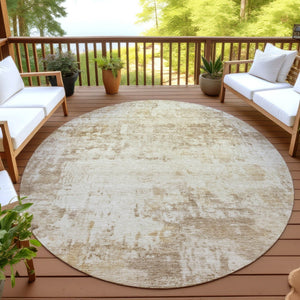 HomeRoots 8' Round Abstract Area Rug - Washable Beige & Brown for Indoor/Outdoor Spaces, Durable & Stylish 689319