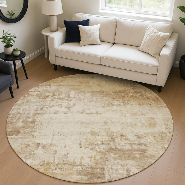 HomeRoots 8' Round Abstract Area Rug - Washable Beige & Brown for Indoor/Outdoor Spaces, Durable & Stylish 689319