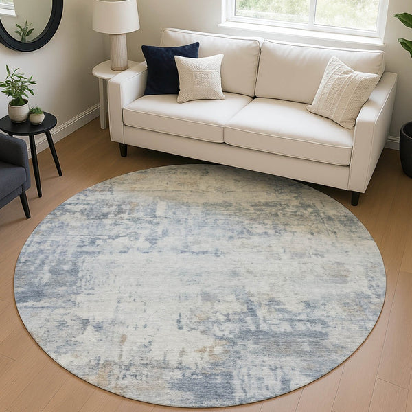 HomeRoots 8' Sky Blue Round Abstract Area Rug - Washable Design for Indoor & Outdoor Versatility, Stylish & Durable 689337