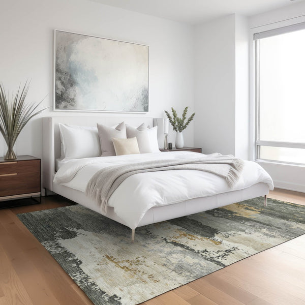 HomeRoots 5' X 8' Abstract Artichoke Green Gold Ivory Area Rug - Durable, Washable, Perfect for Indoor & Outdoor Use 689342