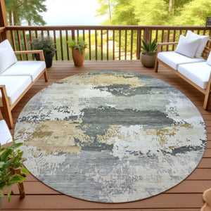 HomeRoots 8' Artichoke Green Gold & Ivory Round Abstract Rug - Stylish, Washable for Indoor/Outdoor Use 689343