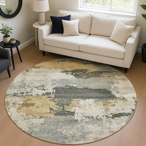 HomeRoots 8' Artichoke Green Gold & Ivory Round Abstract Rug - Stylish, Washable for Indoor/Outdoor Use 689343