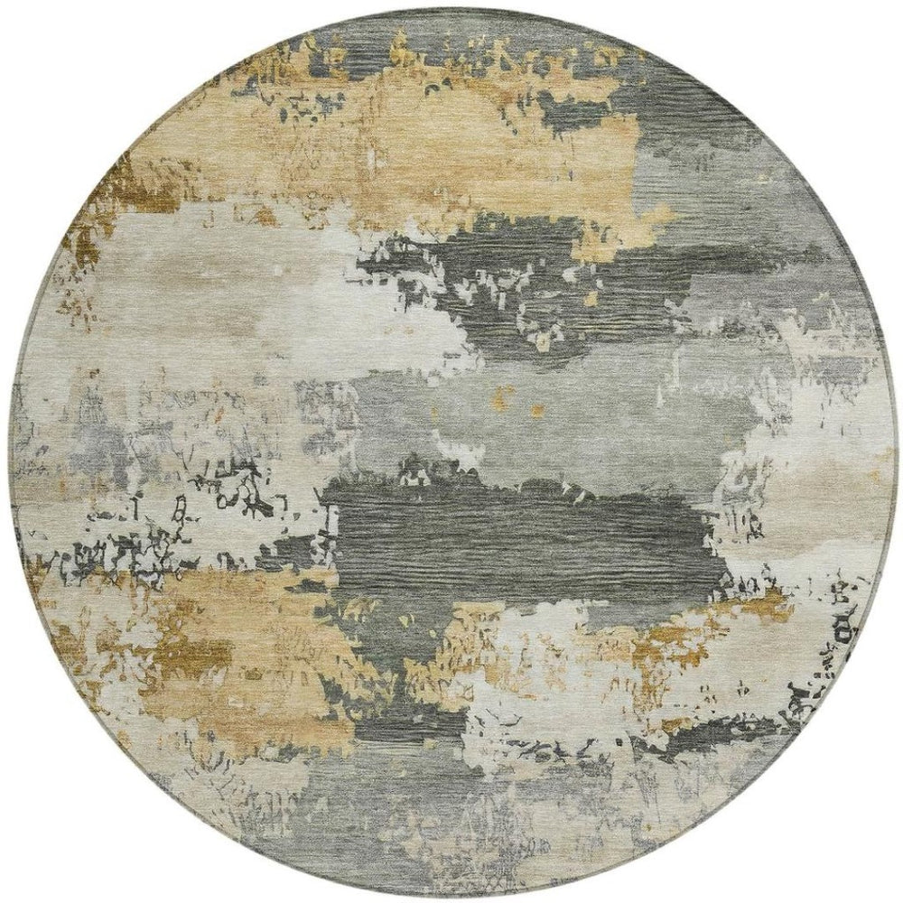 HomeRoots 8' Artichoke Green Gold & Ivory Round Abstract Rug - Stylish, Washable for Indoor/Outdoor Use 689343