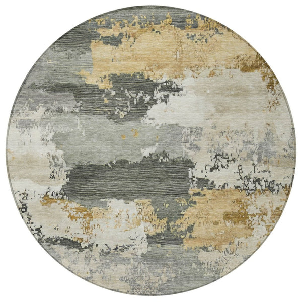 HomeRoots 8' Artichoke Green Gold & Ivory Round Abstract Rug - Stylish, Washable for Indoor/Outdoor Use 689343