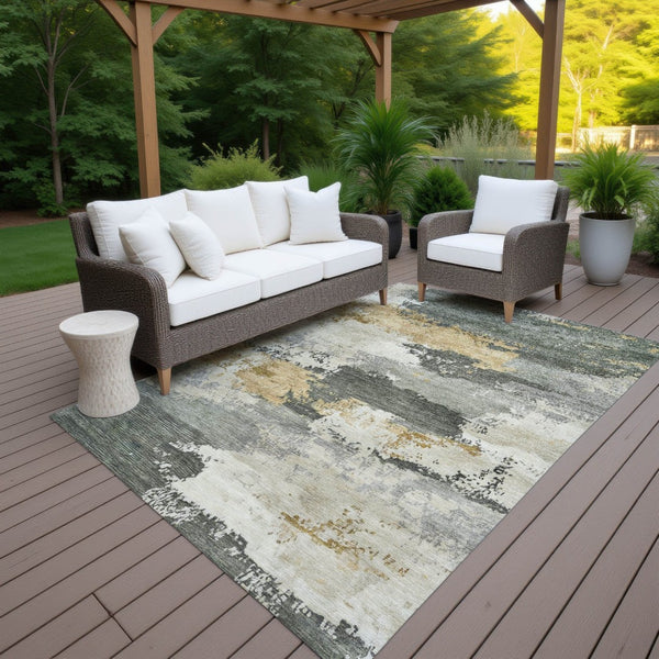 HomeRoots 10' Artichoke Green, Gold & Ivory Abstract Washable Area Rug for Indoor/Outdoor Living Spaces 689346