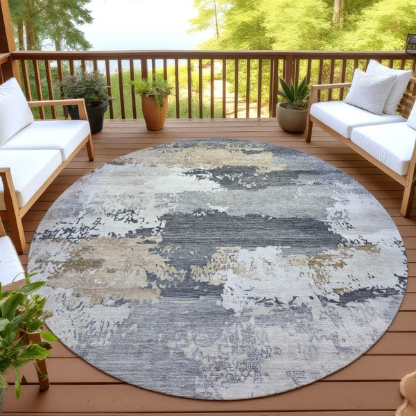 HomeRoots 8' Round Abstract Area Rug in Charcoal, Beige, and Ivory - Washable, Durable for Indoor/Outdoor Use 689349