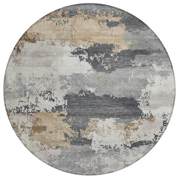 HomeRoots 8' Round Abstract Area Rug in Charcoal, Beige, and Ivory - Washable, Durable for Indoor/Outdoor Use 689349