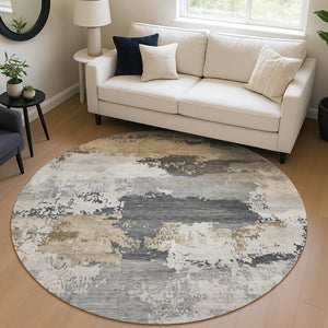 HomeRoots 8' Round Abstract Area Rug in Charcoal, Beige, and Ivory - Washable, Durable for Indoor/Outdoor Use 689349