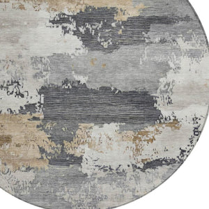 HomeRoots 8' Round Abstract Area Rug in Charcoal, Beige, and Ivory - Washable, Durable for Indoor/Outdoor Use 689349