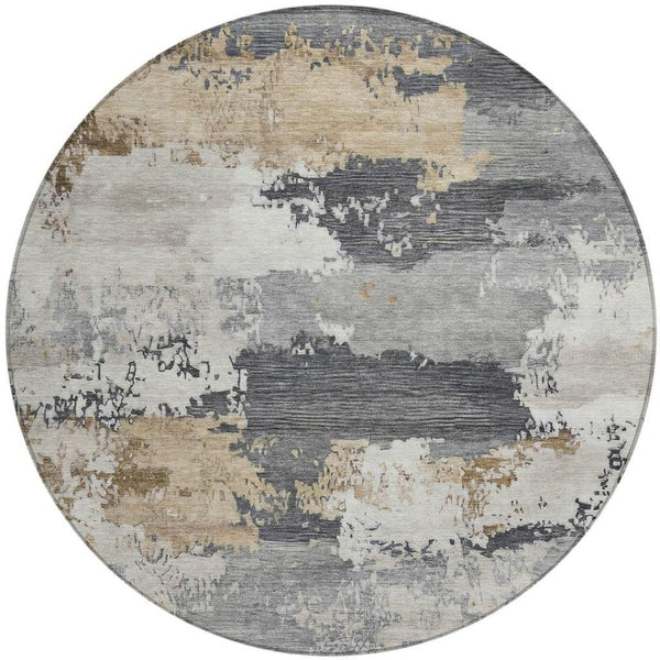 HomeRoots 8' Round Abstract Area Rug in Charcoal, Beige, and Ivory - Washable, Durable for Indoor/Outdoor Use 689349