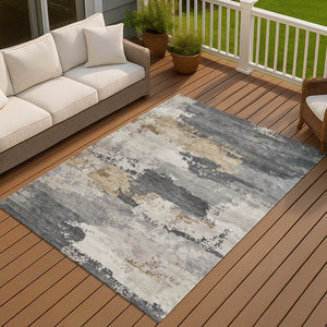 HomeRoots 10' Charcoal Beige and Ivory Abstract Area Rug - Durable, Washable, Indoor/Outdoor Style for Living Spaces 689352