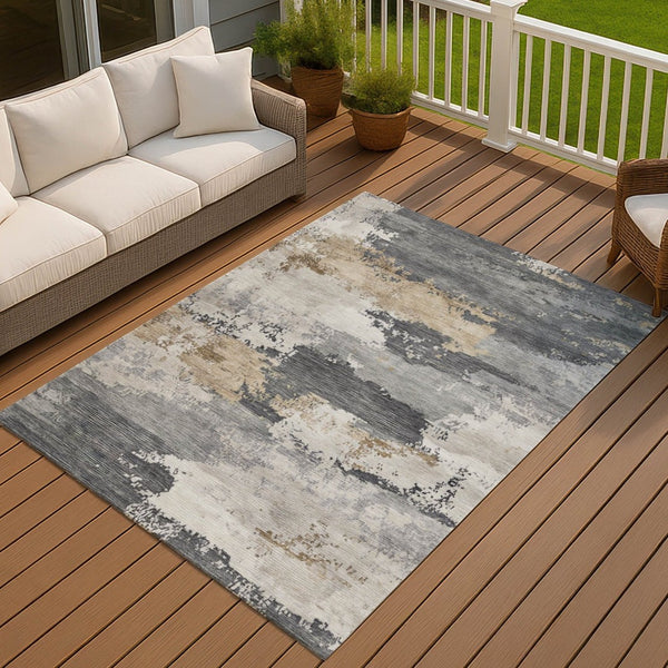 HomeRoots 10' Charcoal Beige and Ivory Abstract Area Rug - Durable, Washable, Indoor/Outdoor Style for Living Spaces 689352