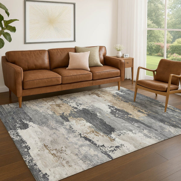 HomeRoots 10' Charcoal Beige and Ivory Abstract Area Rug - Durable, Washable, Indoor/Outdoor Style for Living Spaces 689352
