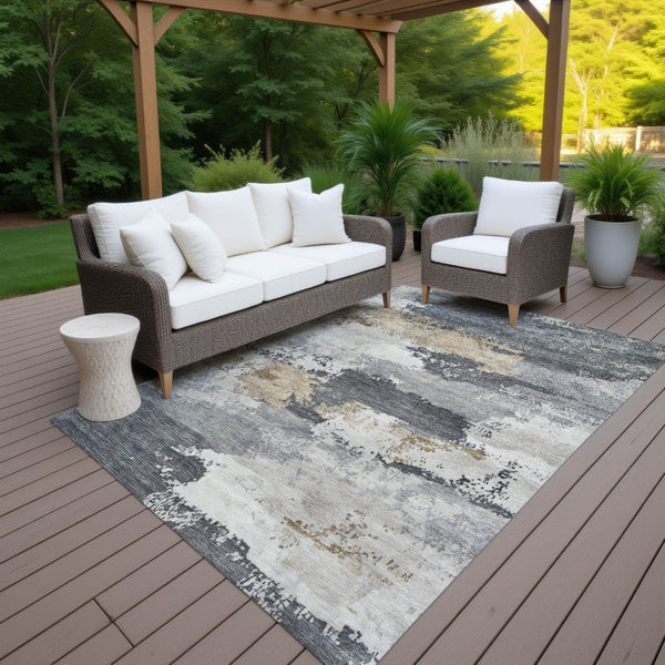HomeRoots 10' Charcoal Beige and Ivory Abstract Area Rug - Durable, Washable, Indoor/Outdoor Style for Living Spaces 689352