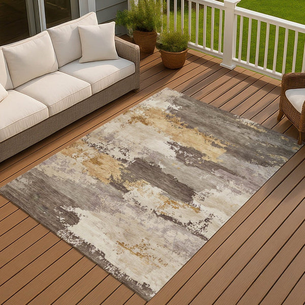 HomeRoots 5' X 8' Washable Abstract Indoor Outdoor Area Rug in Chocolate, Gold & Ivory for High-Traffic Spaces 689354