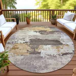 HomeRoots 8' Chocolate Gold and Ivory Round Abstract Indoor-Outdoor Area Rug for Stylish Durability & Ease 689355