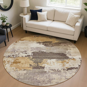 HomeRoots 8' Chocolate Gold and Ivory Round Abstract Indoor-Outdoor Area Rug for Stylish Durability & Ease 689355