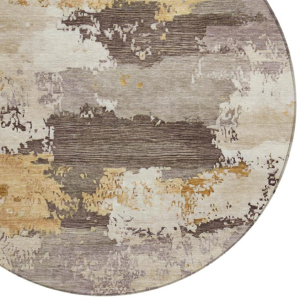 HomeRoots 8' Chocolate Gold and Ivory Round Abstract Indoor-Outdoor Area Rug for Stylish Durability & Ease 689355
