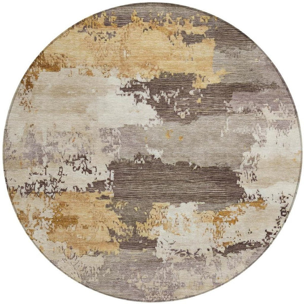 HomeRoots 8' Chocolate Gold and Ivory Round Abstract Indoor-Outdoor Area Rug for Stylish Durability & Ease 689355