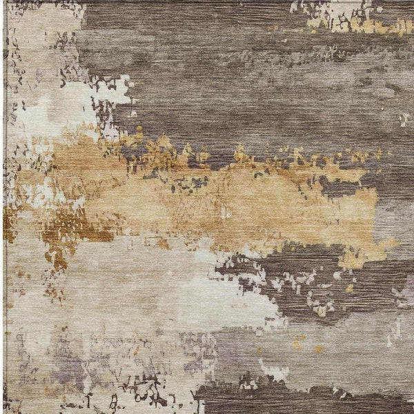HomeRoots 9' X 12' Abstract Washable Indoor Outdoor Area Rug in Chocolate, Gold & Ivory – Durable & Stylish! 689357