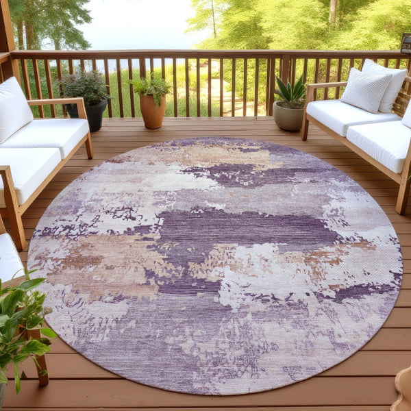 HomeRoots 8' Stylish Eggplant and Beige Round Abstract Area Rug - Durable, Washable, Indoor/Outdoor Versatility 689361