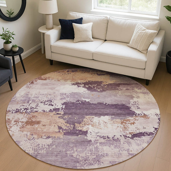 HomeRoots 8' Stylish Eggplant and Beige Round Abstract Area Rug - Durable, Washable, Indoor/Outdoor Versatility 689361