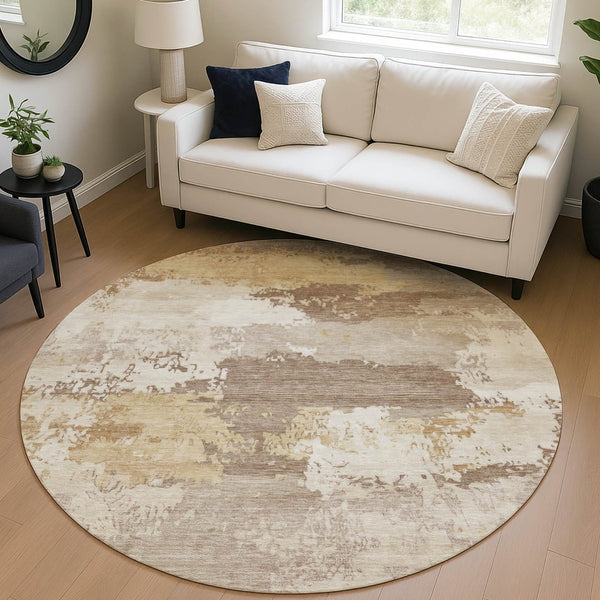 HomeRoots 8' Coffee and Ivory Round Abstract Washable Rug - Stylish, Durable Indoor/Outdoor Area Decor 689367
