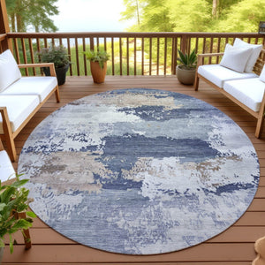 HomeRoots 8' Navy Blue, Ivory & Beige Round Abstract Area Rug - Washable, Durable, Perfect for Indoors & Outdoors 689373