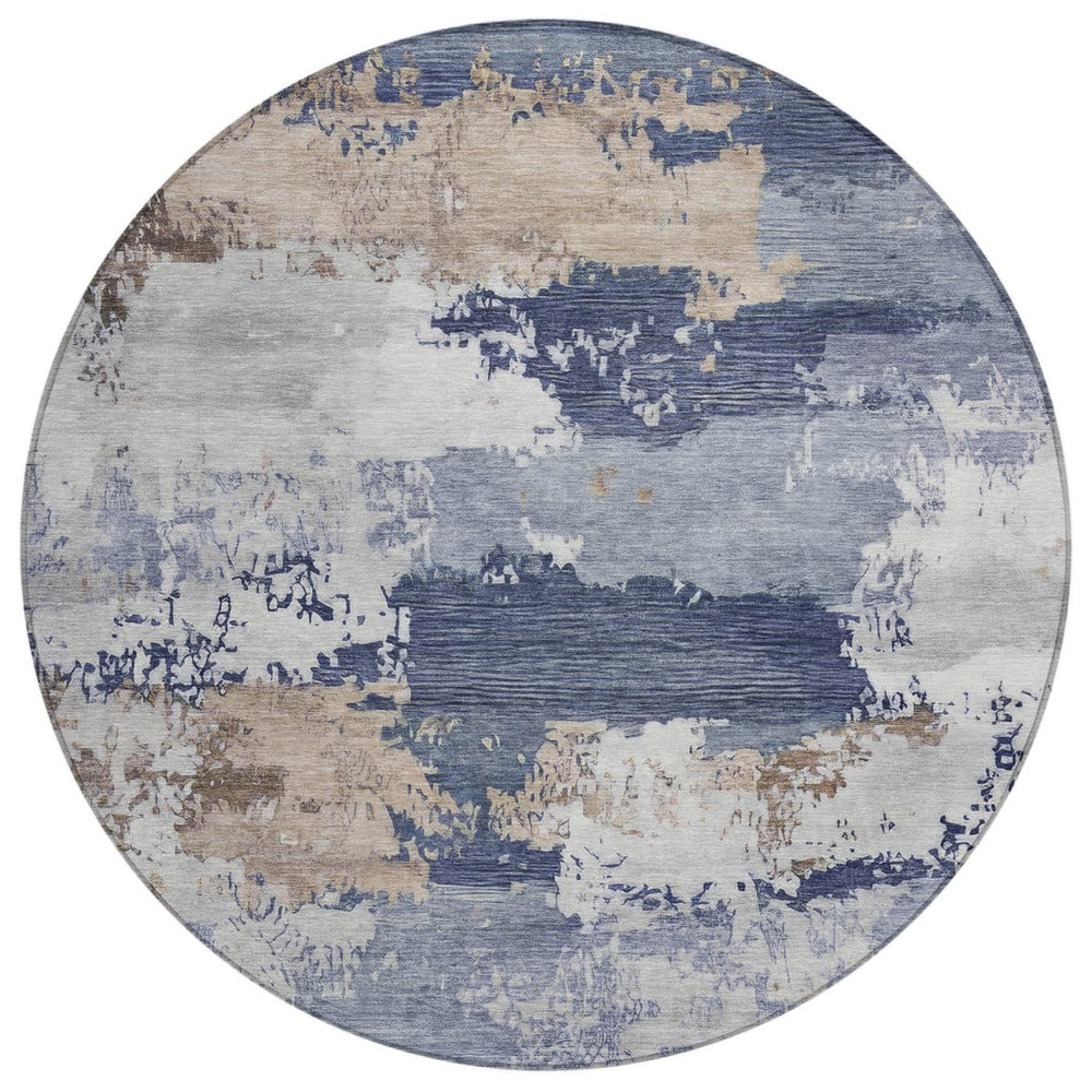 HomeRoots 8' Navy Blue, Ivory & Beige Round Abstract Area Rug - Washable, Durable, Perfect for Indoors & Outdoors 689373