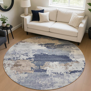 HomeRoots 8' Navy Blue, Ivory & Beige Round Abstract Area Rug - Washable, Durable, Perfect for Indoors & Outdoors 689373