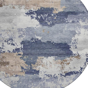 HomeRoots 8' Navy Blue, Ivory & Beige Round Abstract Area Rug - Washable, Durable, Perfect for Indoors & Outdoors 689373