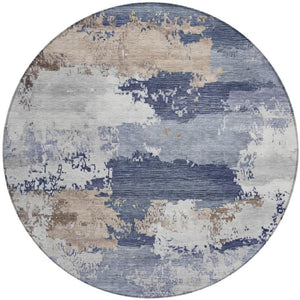 HomeRoots 8' Navy Blue, Ivory & Beige Round Abstract Area Rug - Washable, Durable, Perfect for Indoors & Outdoors 689373