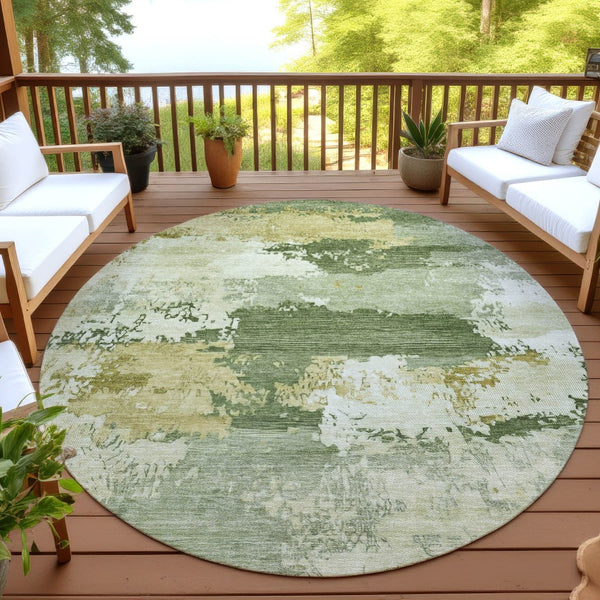 HomeRoots 8' Stylish Olive Green & Beige Round Abstract Washable Area Rug – Durable, Versatile for Indoor/Outdoor! 689379