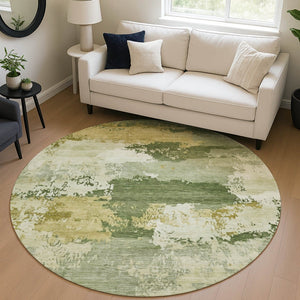 HomeRoots 8' Stylish Olive Green & Beige Round Abstract Washable Area Rug – Durable, Versatile for Indoor/Outdoor! 689379
