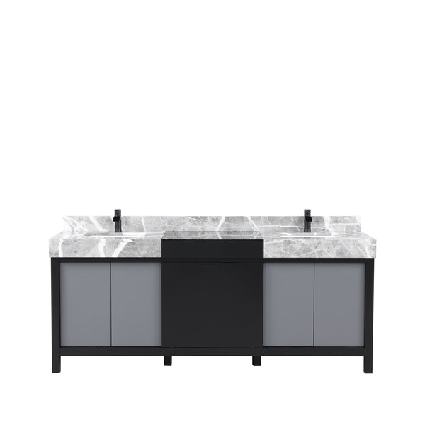 English Elm Black And Grey Double Bath Vanity, 80" W With Castle Grey Marble Top & Matte Black Faucet Set B2731P261123