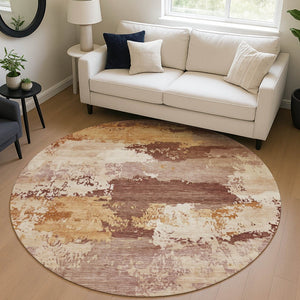 HomeRoots 8' Washable Round Area Rug in Rust and Beige - Stylish, Durable, and Perfect for Indoor/Outdoor Use! 689385
