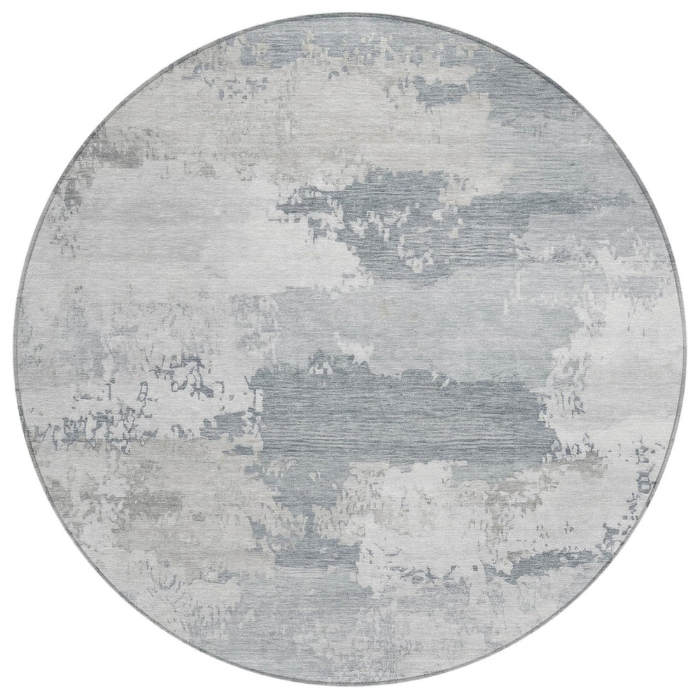 HomeRoots 8' Silver and Gray Round Abstract Area Rug - Durable, Washable, Indoor/Outdoor, Modern Geometric Design 689397
