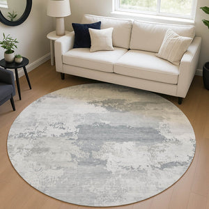 HomeRoots 8' Silver and Gray Round Abstract Area Rug - Durable, Washable, Indoor/Outdoor, Modern Geometric Design 689397