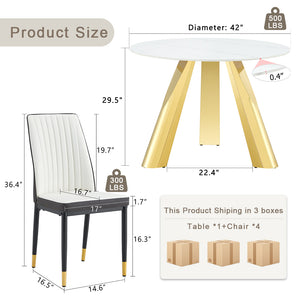English Elm A 42-inch round dining set with stone top table and gold-plated stainless legs plus four PU chairs Gold 31 L x 19.5 W x 17.5 H W1512S00133