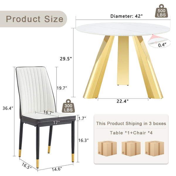 English Elm A 42-inch round dining set with stone top table and gold-plated stainless legs plus four PU chairs Gold 31 L x 19.5 W x 17.5 H W1512S00133