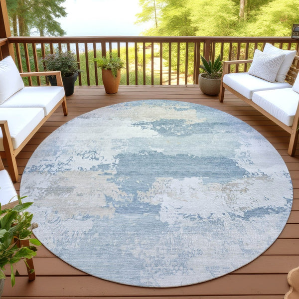 HomeRoots 8' Sky Blue and Ivory Round Abstract Washable Rug for Indoor/Outdoor Use - Durable and Stylish! 689403
