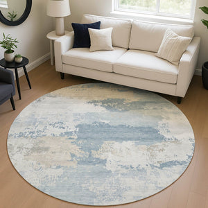 HomeRoots 8' Sky Blue and Ivory Round Abstract Washable Rug for Indoor/Outdoor Use - Durable and Stylish! 689403
